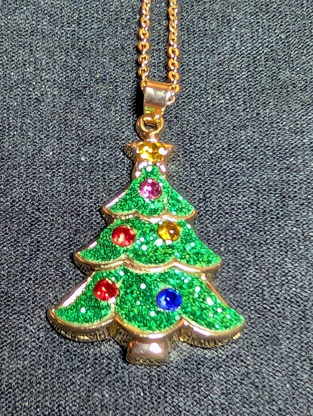 Gold-Tone Green Christmas Tree Pendant Necklace with Multicolor Stones
